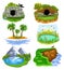 Vector collection of nature clip arts illustrating animal cave, den, island, pond, lake and cliff