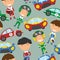 Vector collection of racing drivers and sport cars seamless pattern