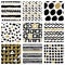 Vector collection of seamless patterns with hand drawn calligraphic brush strokes and dots. Black, white, gold. Good for