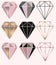 Vector collection, set with crystals, diamonds, gems on the pink background.