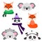 Vector collection, set of kawaii, cute animals. Winter, autumn accessories. Koala, panda, fox