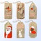 Vector collection of six cute christmas gift tags with Santa, bullfinch, hare and red nose reindeer Rudolph