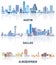 Vector collection of United States cityscapes: Austin, Dallas, Albuquerque skylines in tints of blue color palette. Ð¡rystal