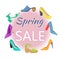Vector collection of women's shoes, spring sale banner. Heeled shoes, sandals, mules, loafers.
