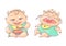Vector color cartoon illustration child. The chubby funny curly kid with big eyes. Crying and eating cereal baby in turquoise clot