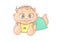 Vector color cartoon illustration joyful child. The chubby funny curly kid with big eyes. Cheerful and calm baby in turquoise clot