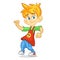 Vector color cartoon image of a cute teenage blond boy in fashion clothes. Little boy dancing and smiling on a white background