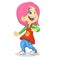 Vector color cartoon image of a cute teenage girl in fashion clothes. Little girl with pink hair. Little girl is dancing and smili