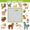 Vector color crossword about farm animals. Word search puzzle