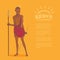 Vector color illustration. Armed african warrior of the Masai tribe in traditional clothes and jewelry on a bright background and
