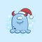 Vector color illustration of cartoon one eyed monster in santa claus hat on snowy background.