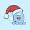 Vector color illustration of cartoon three eyed monster in a Santa Claus hat on snowy background.