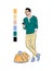 Vector color illustration of a waiting man with phone and bag.