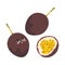 Vector color illustration of whole and half passion fruit on white background in flat style.