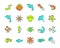Vector color linear icon set of underwater fish, marine animals