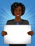 Vector color pop art style illustration of a girl holding a poster. Dark-skinned young woman with a white sheet in her hands.