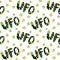 Vector color seamless pattern with the word UFO. Background and texture on the theme of space, UFOlogy, flying saucers, conspiracy