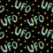 Vector color seamless pattern with the word UFO. Background and texture on the theme of space, UFOlogy, flying saucers, conspiracy