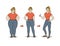 Vector color sketch illustration of how a fat girl loses weight. A young woman becomes slimmer arrows show progress