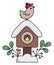 Vector colored kawaii bird house with snow, bird, twigs. Cute Christmas starling house illustration isolated on white background.