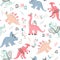 Vector colored seamless repeating pattern for children with cute princess dinosaurs, plants and comic Dino quotes in