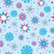 Vector colorful on blue hand drawn christmass snowflakes stars repeat seamless pattern background. Can be used for