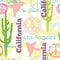 Vector Colorful California Animals Travel Seamless Pattern with Los Angeles, San Francisco, Hummingbirds, and Peace