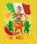 Vector colorful card about Mexico with mexican flag. Travel poster with mexican items.