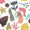 Vector colorful collage contemporary natural seamless pattern. Modern abstract shapes, hand drawn textures and plants.