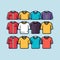 Vector of a colorful collection of shirts hanging on a wall
