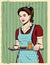 Vector colorful comic pop art style illustration of a beautiful housewife with a tray food