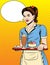 Vector colorful comic pop art style illustration of a beautiful waitress with a tray.