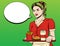 Vector colorful comic pop art style illustration of a beautiful waitress with a tray of fast food.
