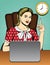Vector colorful comic pop art style illustration of a secretary sitting on the chair in office.