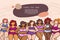 Vector colorful cover on the theme of body positive. Cartoon standing multiracial women in swimwear and place for inscription