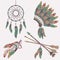 Vector colorful ethnic set with dream catcher, feathers, arrows