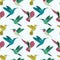 Vector colorful flying hummingbirds seamless pattern on white background