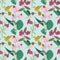 Vector colorful hummingbirds on a garden seamless pattern on light blue background