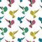 Vector colorful hummingbirds seamless pattern on color background