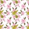 Vector colorful hummingbirds seamless pattern on white background with pink flowers