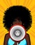 Vector colorful illustration of an african american girl with a loudspeaker in her hand.