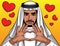 Vector colorful illustration of Arabic man making sign of heart from his hands.