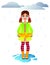 Vector colorful illustration of an autumn weather with cute little girl.