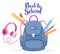 Vector colorful illustration of big blue backpack, pink headphone