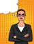 Vector colorful illustration comic art style of angry woman in glasses with crossed arms.