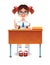 Vector colorful illustration of cute intelligent girl sitting in class at table