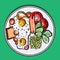 Vector colorful illustration english Breakfast on a plate eggs, sausage, tomato, cucumbers, pea, toast