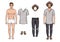 Vector colorful illustration of fashionable men`s outfits isolated from white background.