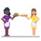 Vector colorful illustration in flat style image of a young waitress restaurant concept Afro-American and Caucasian woman girl wit