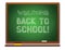 Vector colorful illustration of a green chalkboard with hand drawn inscription welcome back to school.